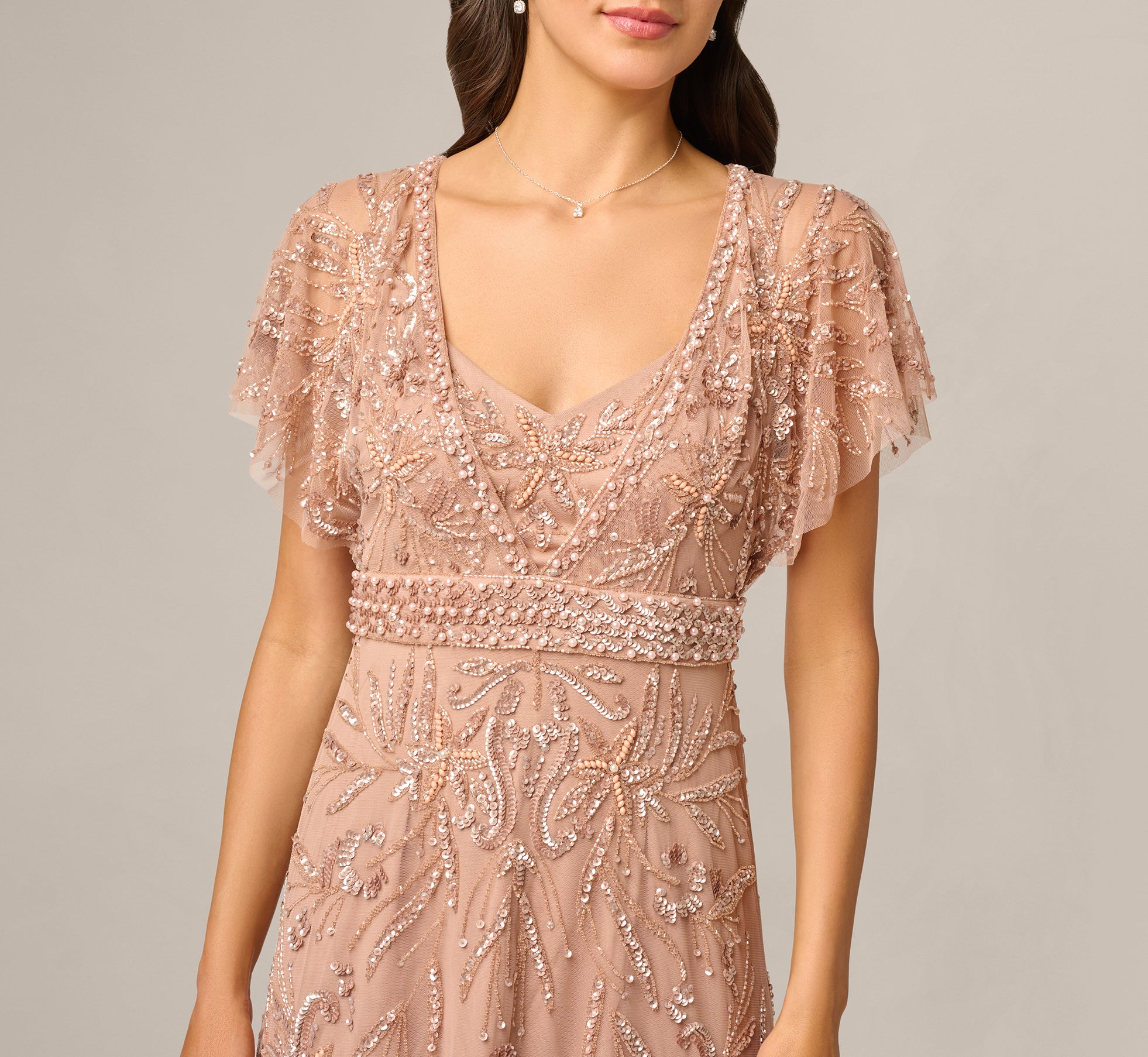 adrianna papell dress rose gold Pink Short Sleeve Botanical Beaded Gown