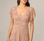 Short Sleeve Botanical Beaded Gown In Rose Gold 4