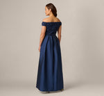 Off Shoulder Taffeta Overlay Beaded Gown In Light Navy 6