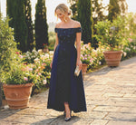 Off Shoulder Taffeta Overlay Beaded Gown In Light Navy 1
