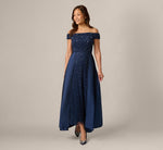 Off Shoulder Taffeta Overlay Beaded Gown In Light Navy 3