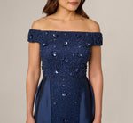 Off Shoulder Taffeta Overlay Beaded Gown In Light Navy 4