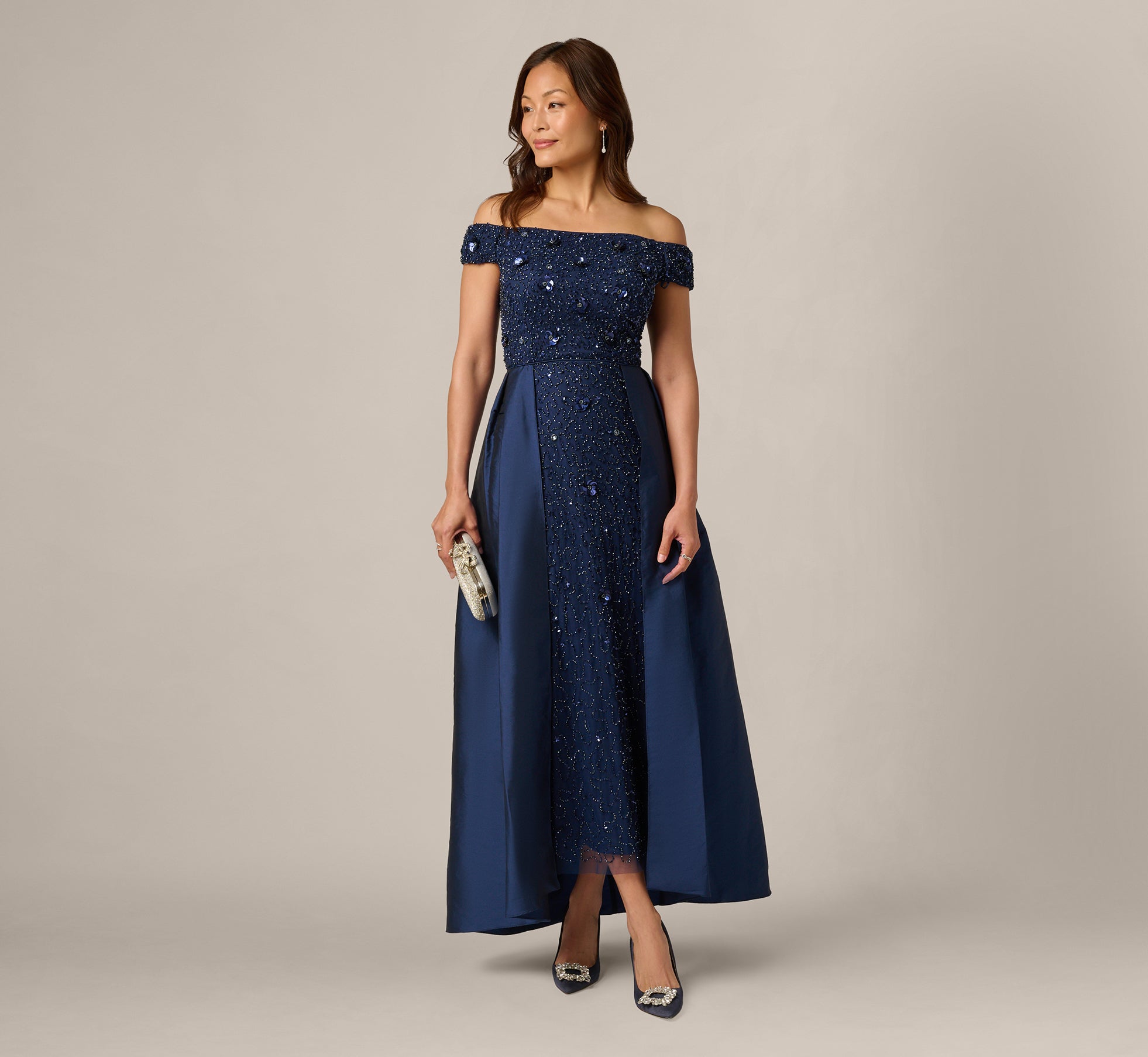 Navy Off Shoulder Taffeta Overlay Beaded Gown