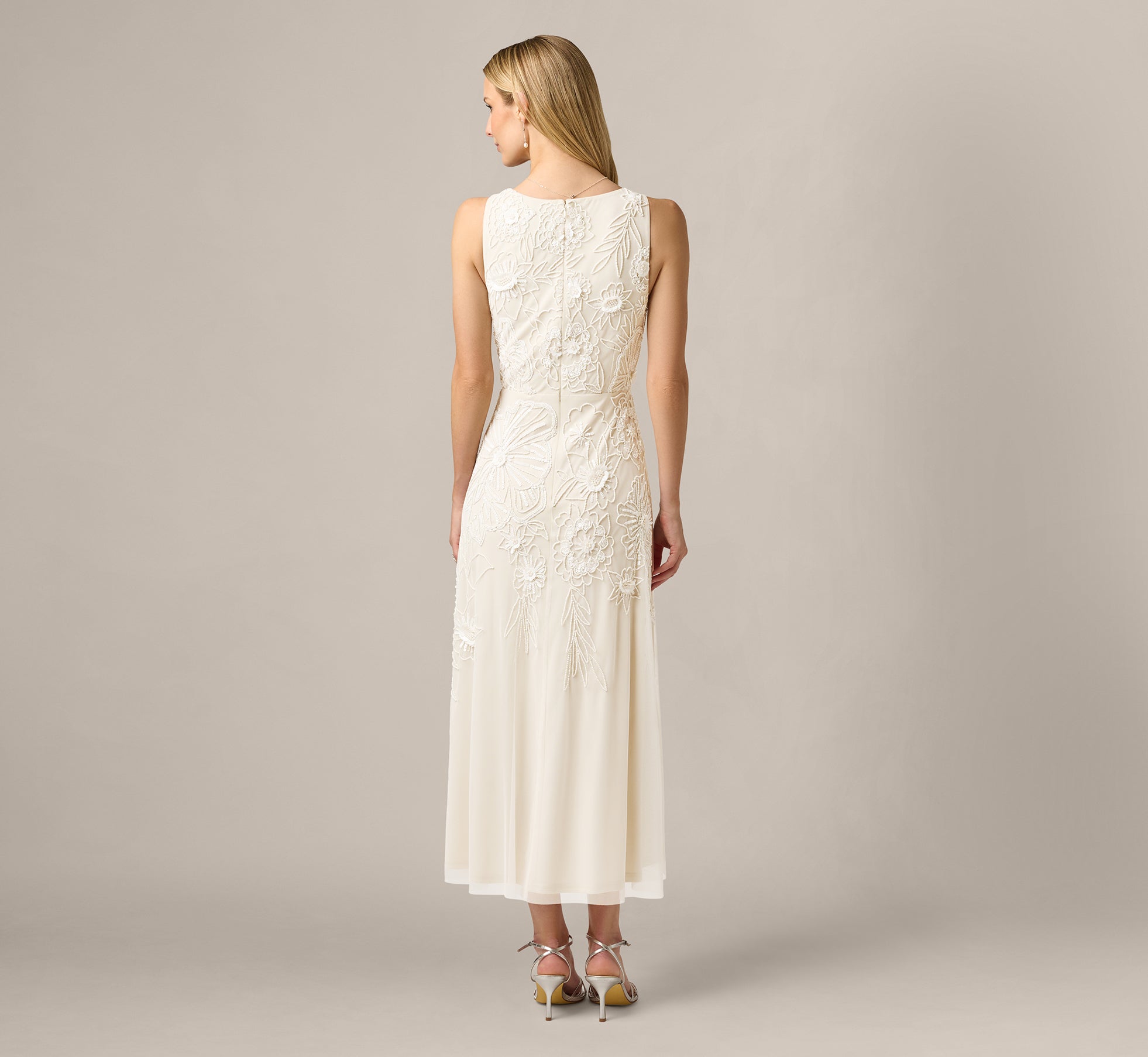 Floral Beaded Ankle Length A Line Dress In Ivory Pearl, Ivory/Pearl / Regular / 18