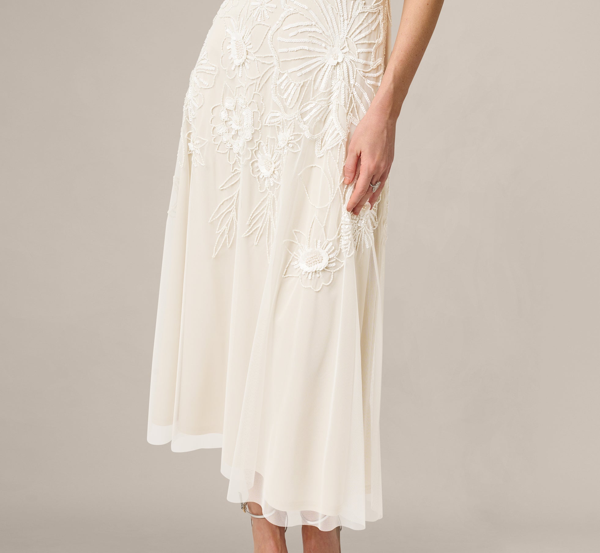 White Floral Beaded Ankle Length A Line Dress