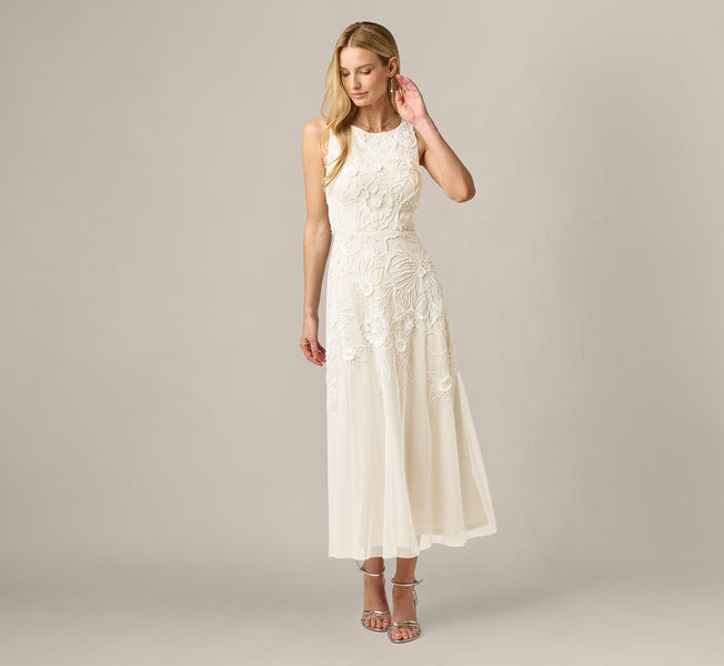 Floral Beaded Ankle Length A Line Dress In Ivory Pearl, Ivory/Pearl / Regular / 12