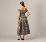 Off Shoulder Metallic Floral Jacquard Ankle Dress In Black Taupe 6