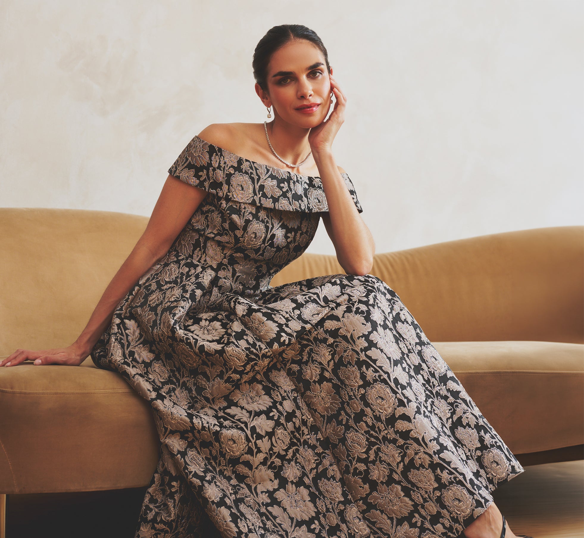 Off Shoulder Metallic Floral Jacquard Ankle Dress In Black Taupe 1
