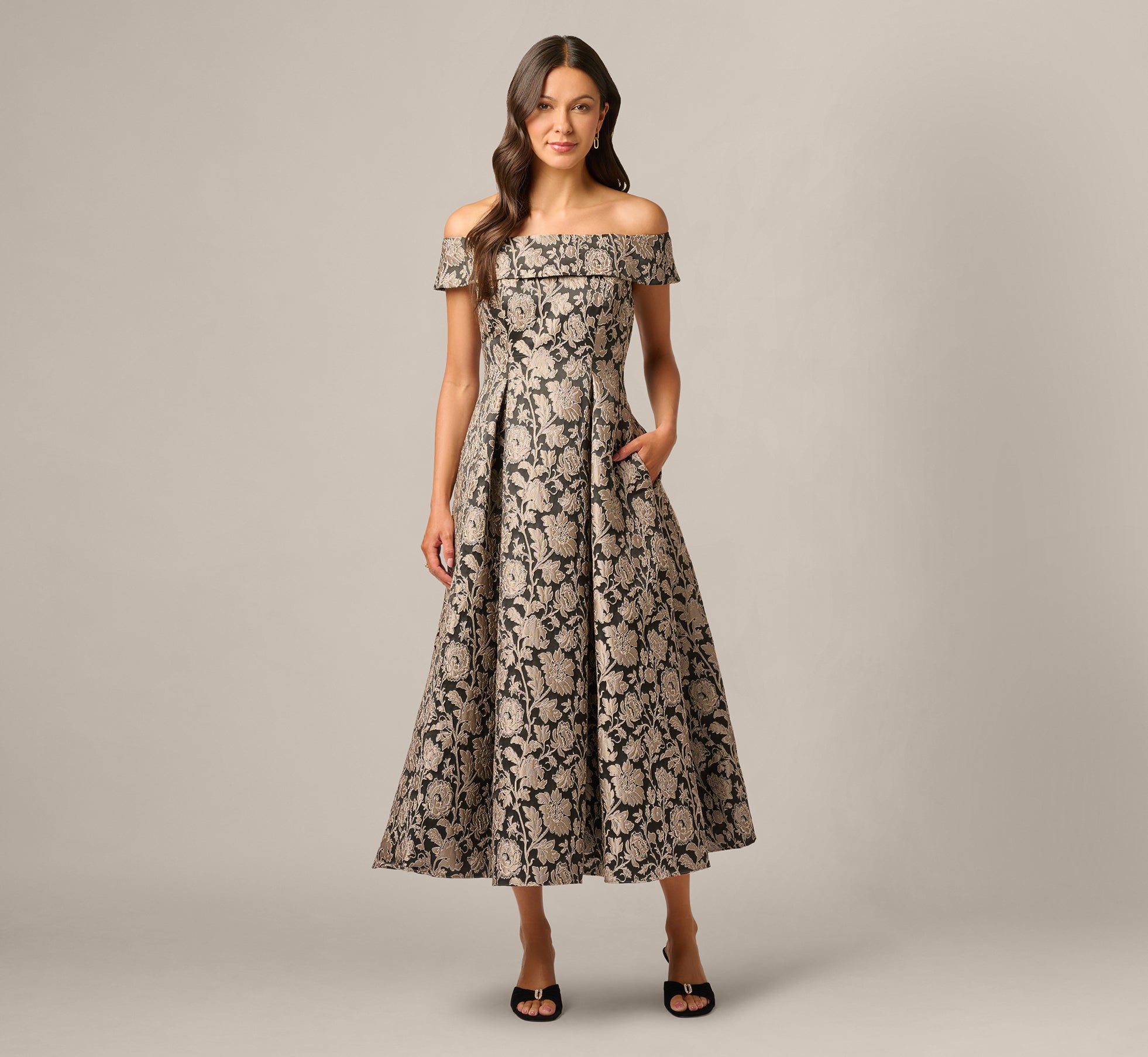 Off Shoulder Metallic Floral Jacquard Ankle Dress In Black Taupe, Black/Taupe / Regular / 6
