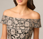 Off Shoulder Metallic Floral Jacquard Ankle Dress In Black Taupe 4