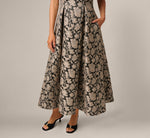 Off Shoulder Metallic Floral Jacquard Ankle Dress In Black Taupe 5