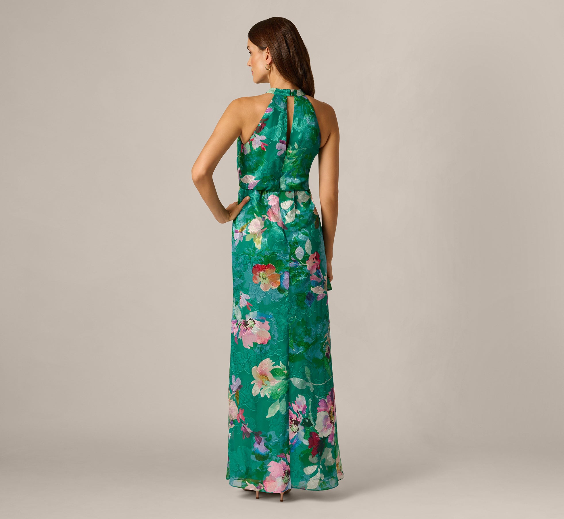 Multi Colored Floral Chiffon Blouson Ruffle Halter Gown - Adrianna Papell Multi Colored Floral Chiffon Blouson Ruffle Halter Gown - Adrianna Papell