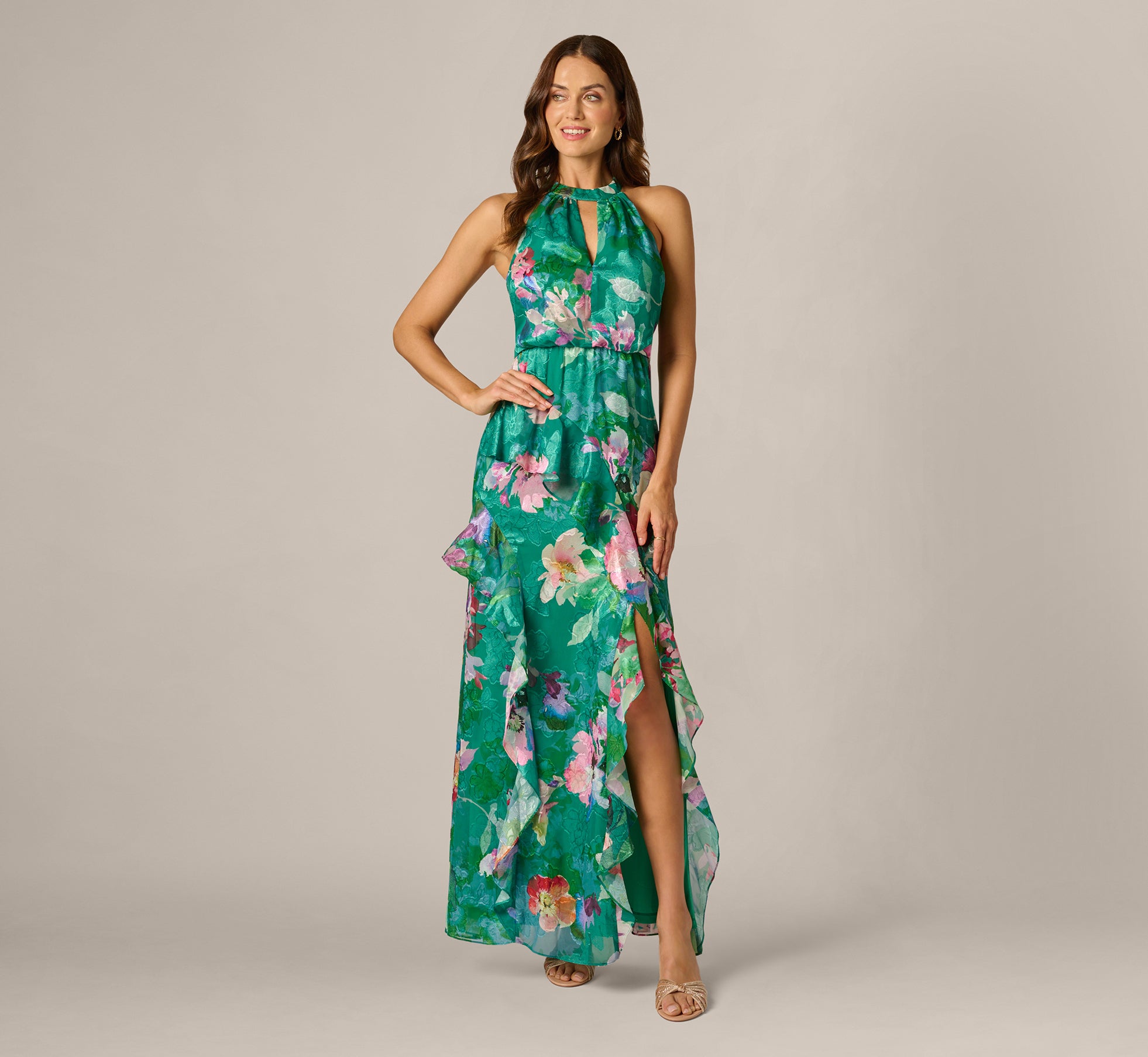 Multi Colored Floral Chiffon Blouson Ruffle Halter Gown - Adrianna Papell Multi Colored Floral Chiffon Blouson Ruffle Halter Gown - Adrianna Papell