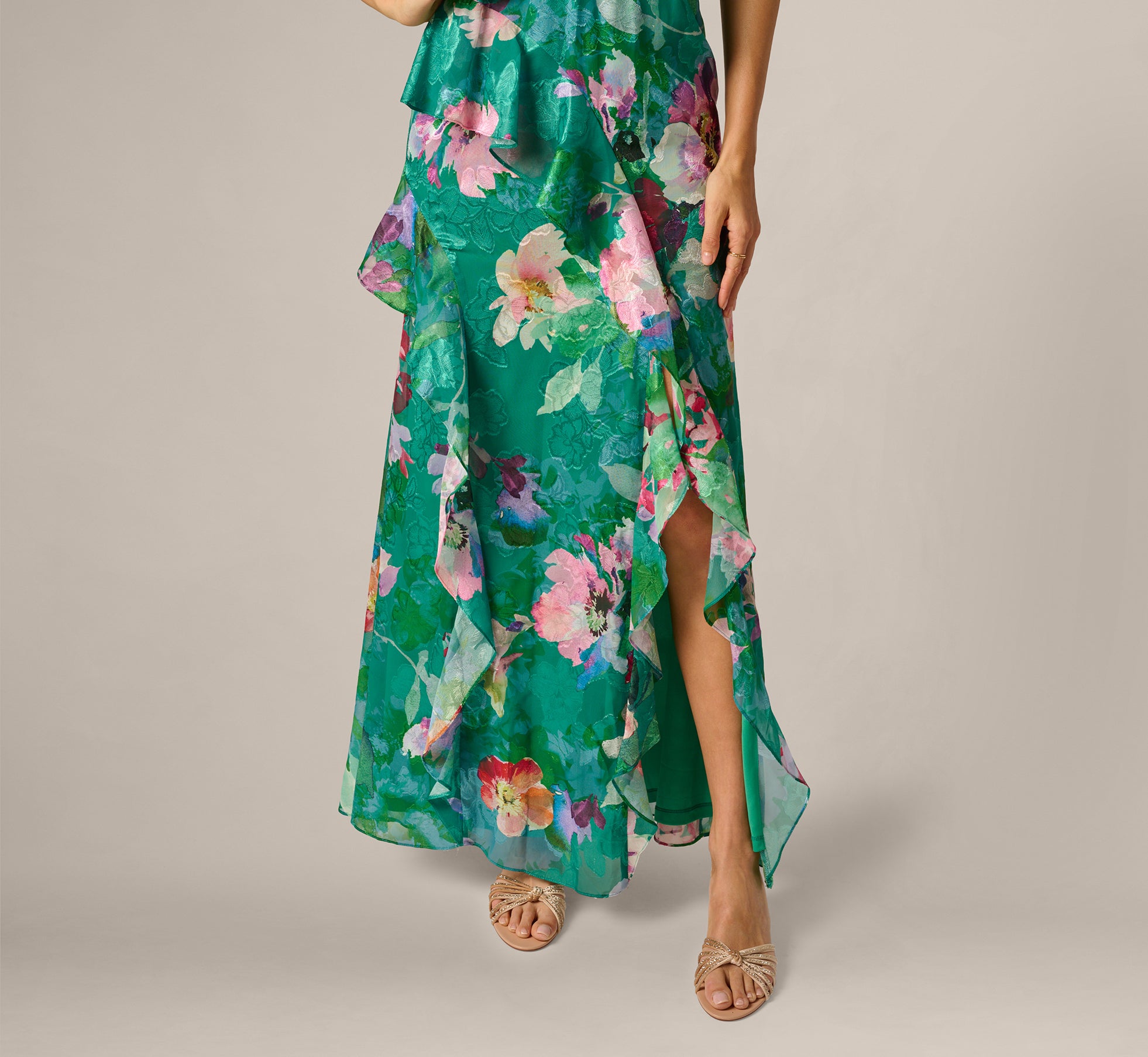 Multi Colored Floral Chiffon Blouson Ruffle Halter Gown