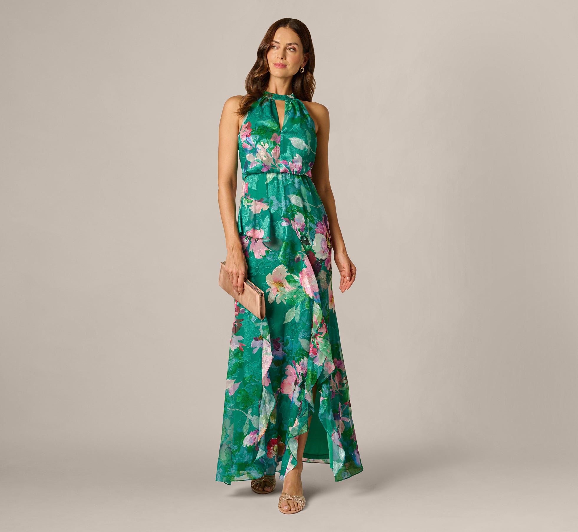 Multi Colored Floral Chiffon Blouson Ruffle Halter Gown - Adrianna Papell Multi Colored Floral Chiffon Blouson Ruffle Halter Gown - Adrianna Papell
