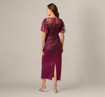 Flutter Sleeve Sequin Beaded Midi Dress In Bordeaux 5