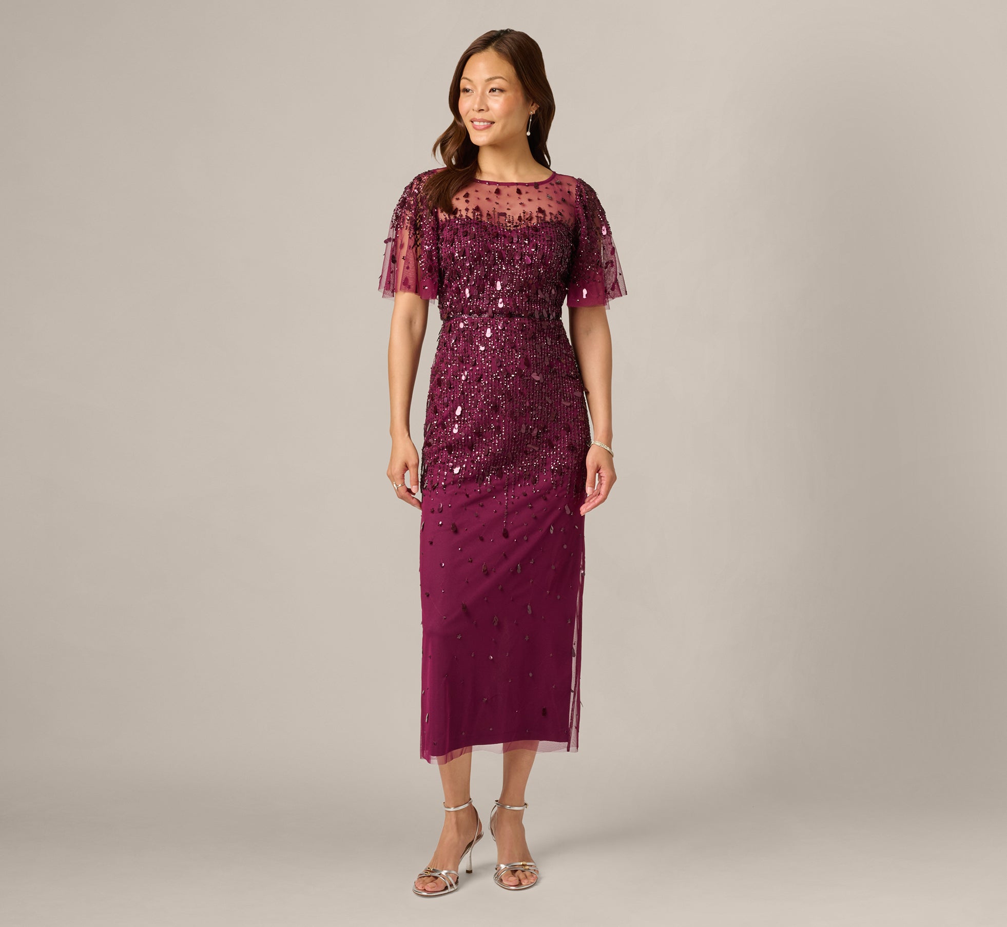 Adrianna Papell Women's Beaded Mesh Flutter-Sleeve Midi Dress - Bordeaux