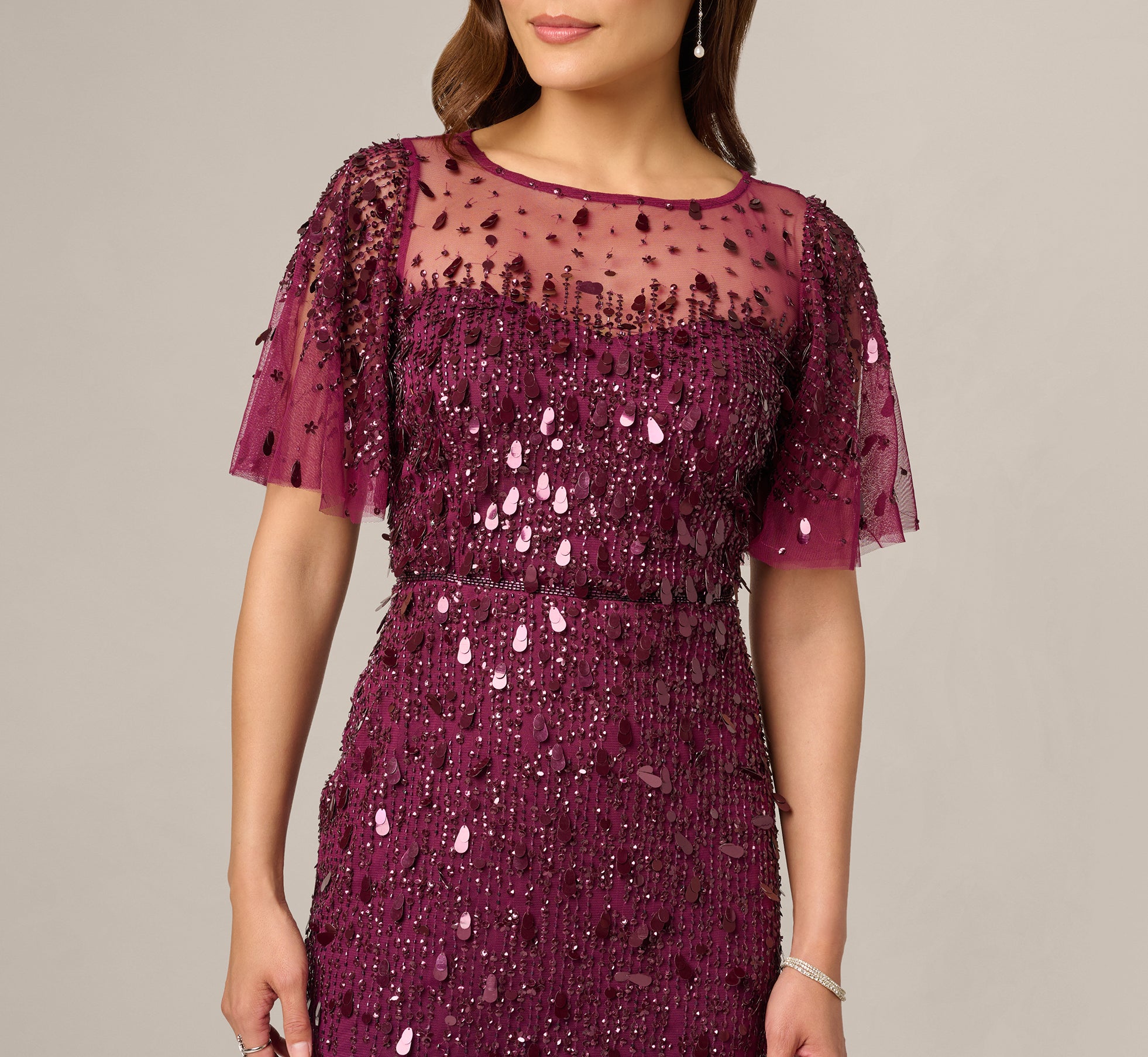 Bordeaux Flutter Sleeve Sequin Beaded Midi Dress