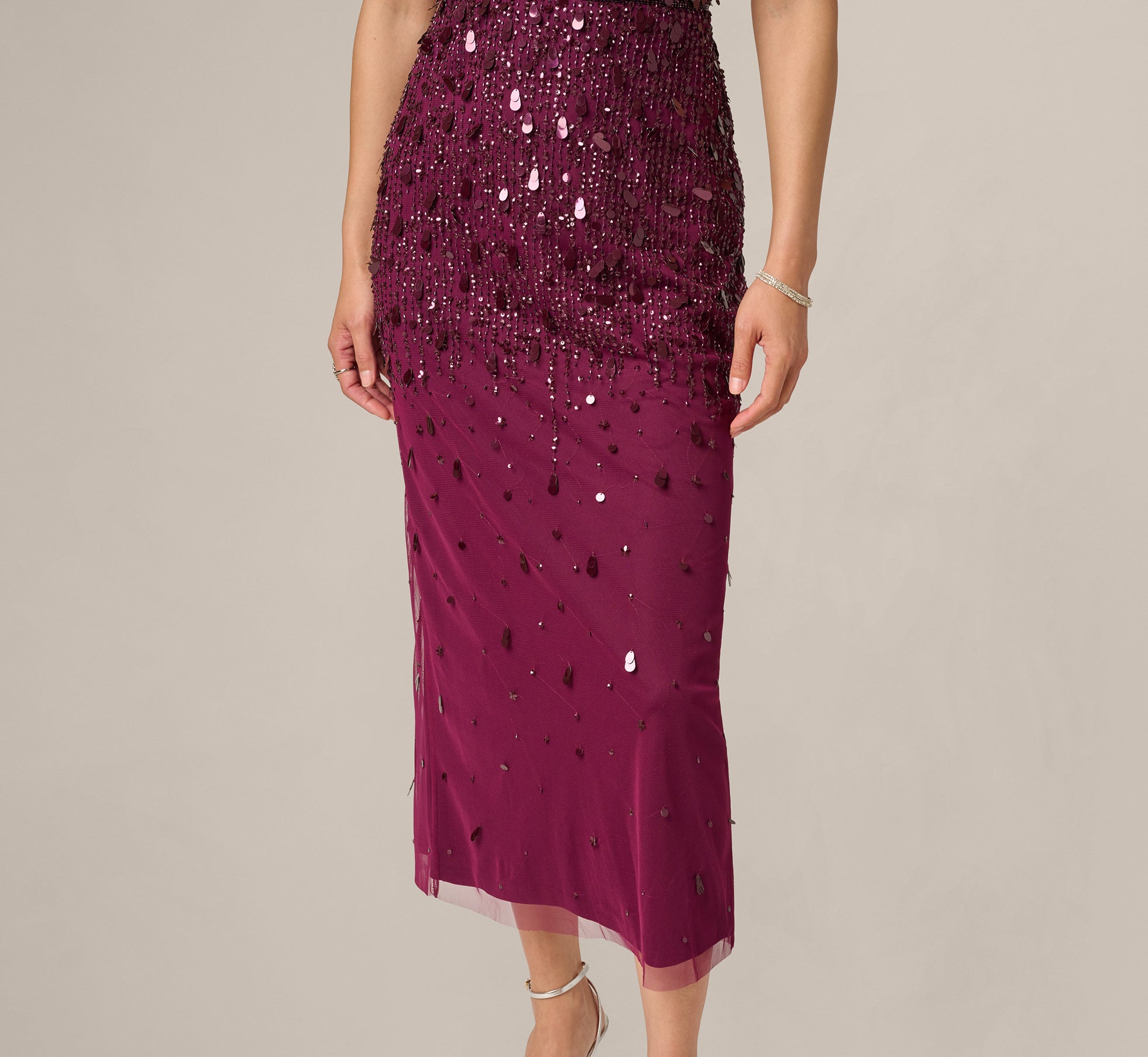 Bordeaux Flutter Sleeve Sequin Beaded Midi Dress