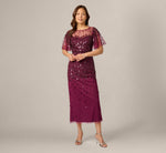 Flutter Sleeve Sequin Beaded Midi Dress In Bordeaux 1