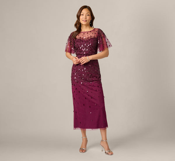Flutter Sleeve Sequin Beaded Midi Dress In Bordeaux, Bordeaux / Regular / 20 Flutter Sleeve Sequin Beaded Midi Dress In Bordeaux, Bordeaux / Regular / 20