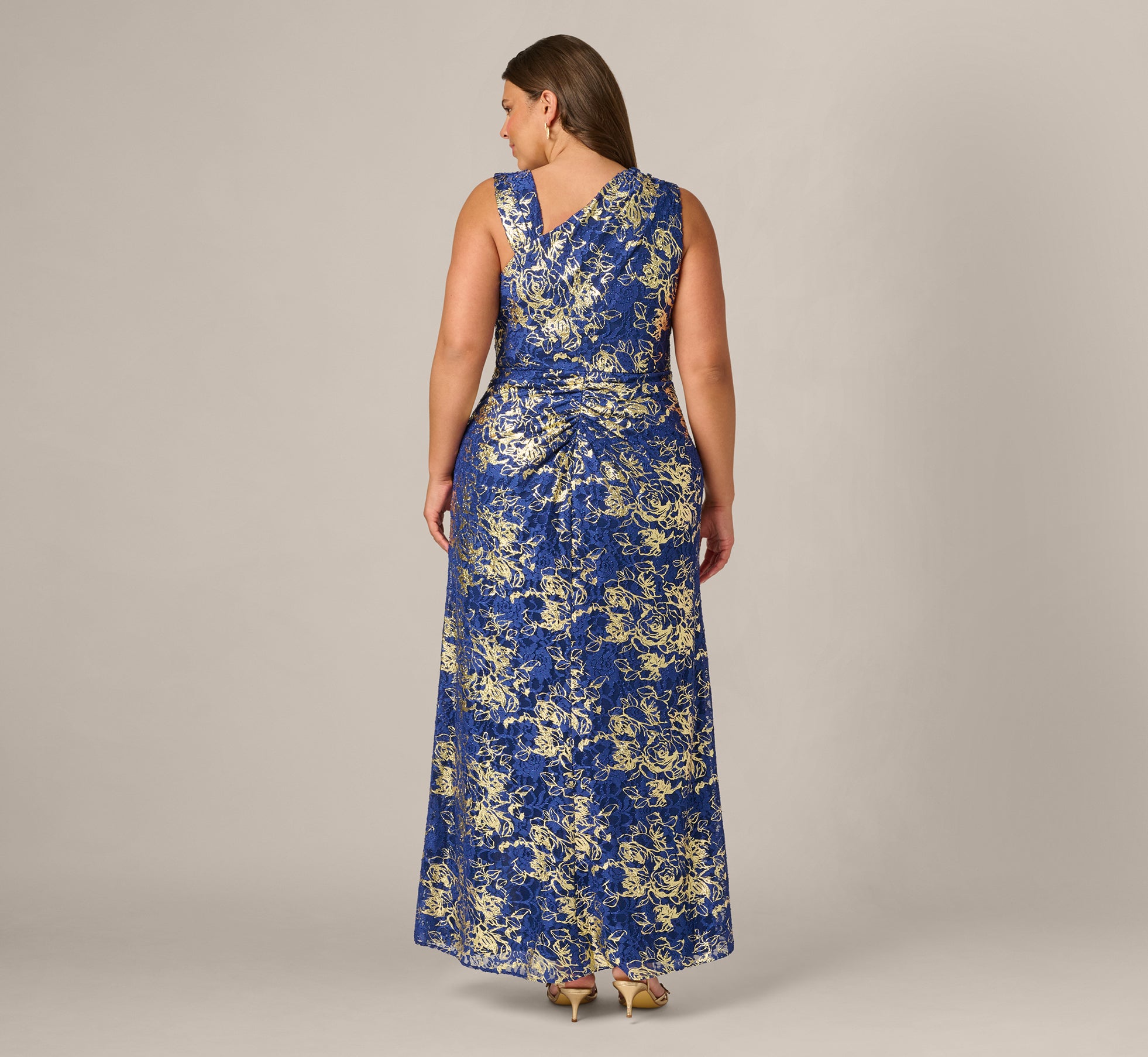 Navy Plus Size Asymmetrical Draped Stretch Metallic Lace Gown