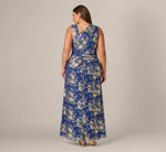 Plus Size Asymmetrical Draped Stretch Metallic Lace Gown In Navy Gold 5