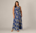 Plus Size Asymmetrical Draped Stretch Metallic Lace Gown In Navy Gold 2