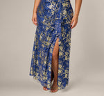 Plus Size Asymmetrical Draped Stretch Metallic Lace Gown In Navy Gold 3