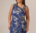 Plus Size Asymmetrical Draped Stretch Metallic Lace Gown In Navy Gold 4