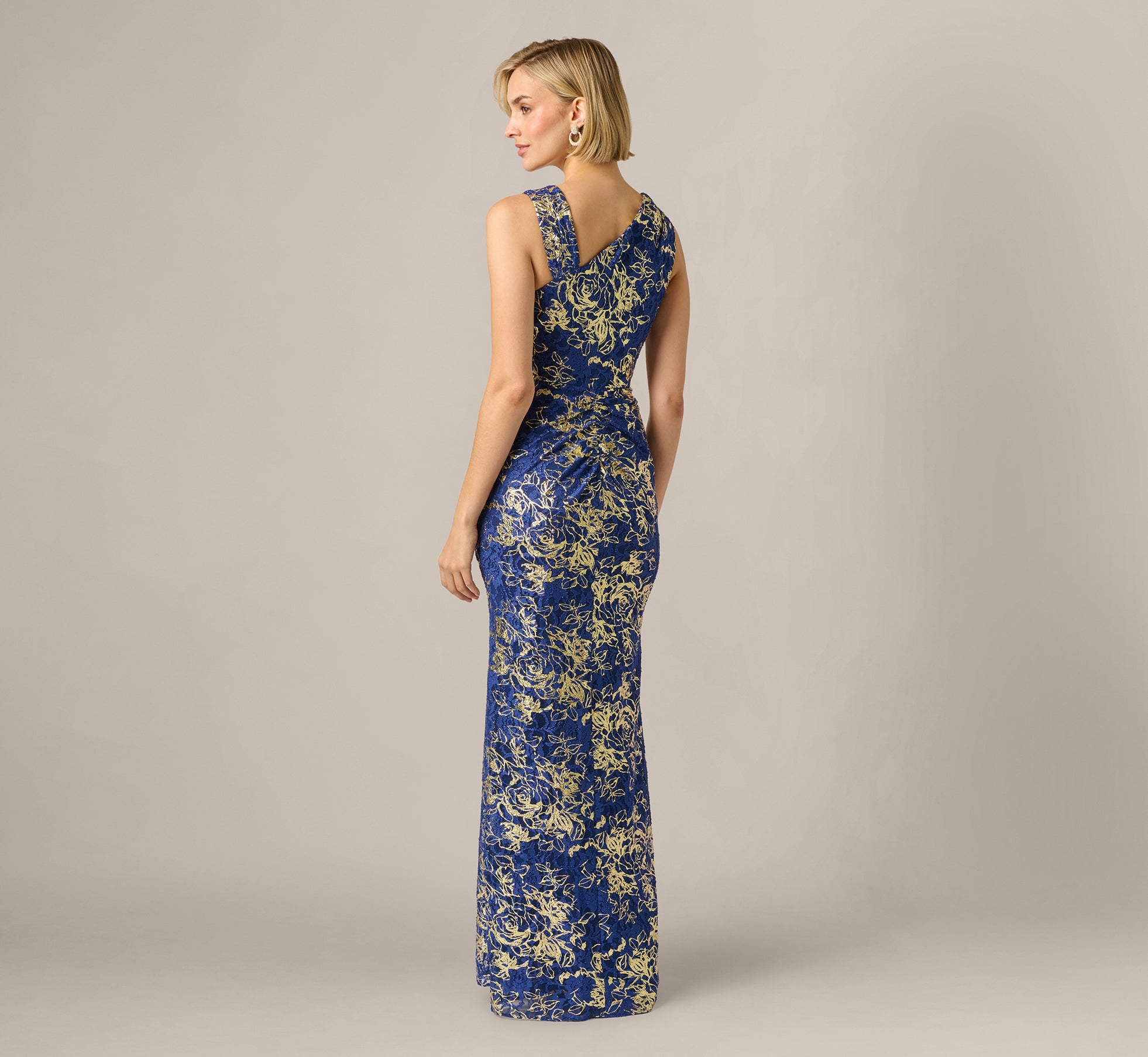 Adrianna Papell Asymmetrical Neck Metallic Lace Gown, Womens, 10, Navy/Gold