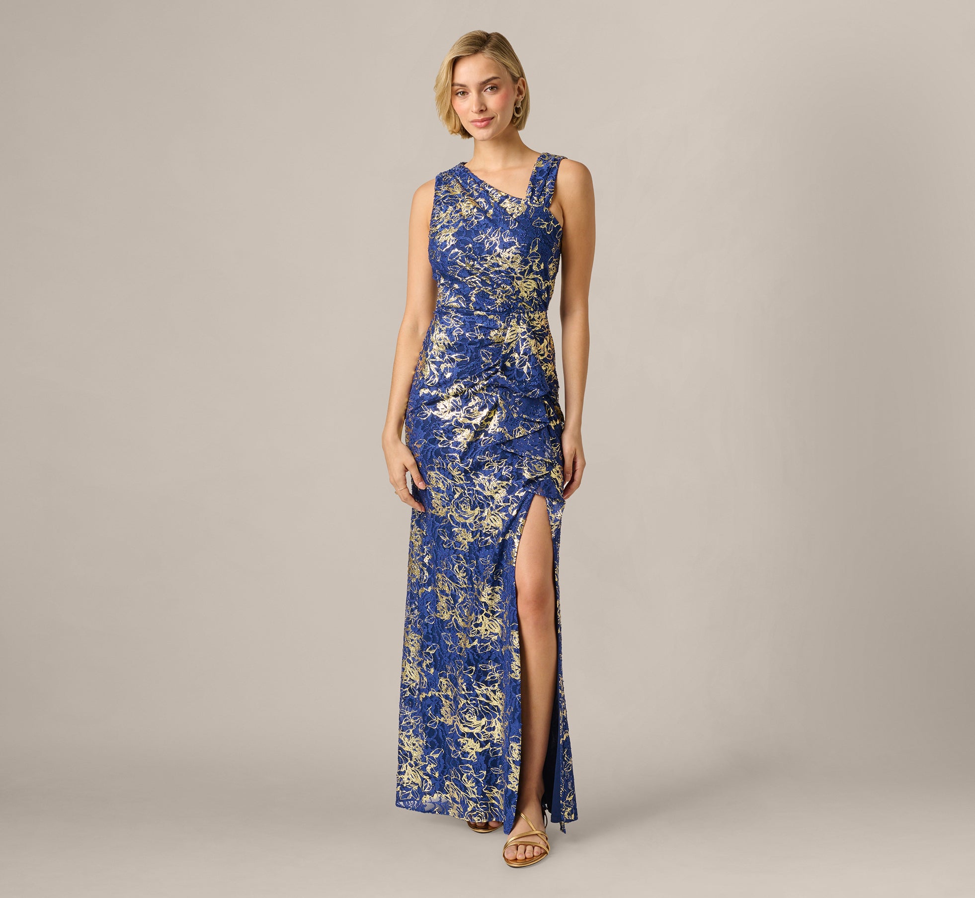 Adrianna Papell Asymmetrical Neck Metallic Lace Gown, Womens, 10, Navy/Gold