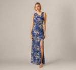Asymmetrical Draped Stretch Metallic Lace Gown In Navy Gold 2