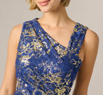 Asymmetrical Draped Stretch Metallic Lace Gown In Navy Gold 3