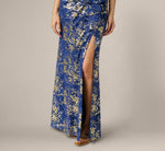 Asymmetrical Draped Stretch Metallic Lace Gown In Navy Gold 4
