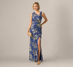 Asymmetrical Draped Stretch Metallic Lace Gown In Navy Gold 1