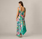 Floral Mikado Scarf Train Column Gown In Green Multi 5