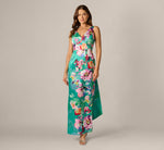 Floral Mikado Scarf Train Column Gown In Green Multi 2