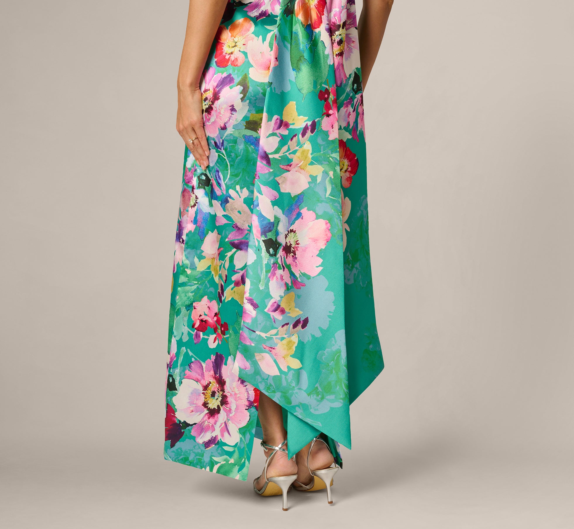 Multi Colored Floral Mikado Scarf Train Column Gown
