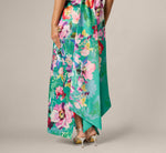 Floral Mikado Scarf Train Column Gown In Green Multi 4