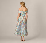 Off Shoulder Watercolor Floral Jacquard Ankle Dress In Blue Multi 5