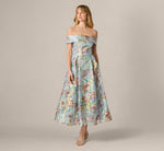 Off Shoulder Watercolor Floral Jacquard Ankle Dress In Blue Multi 2