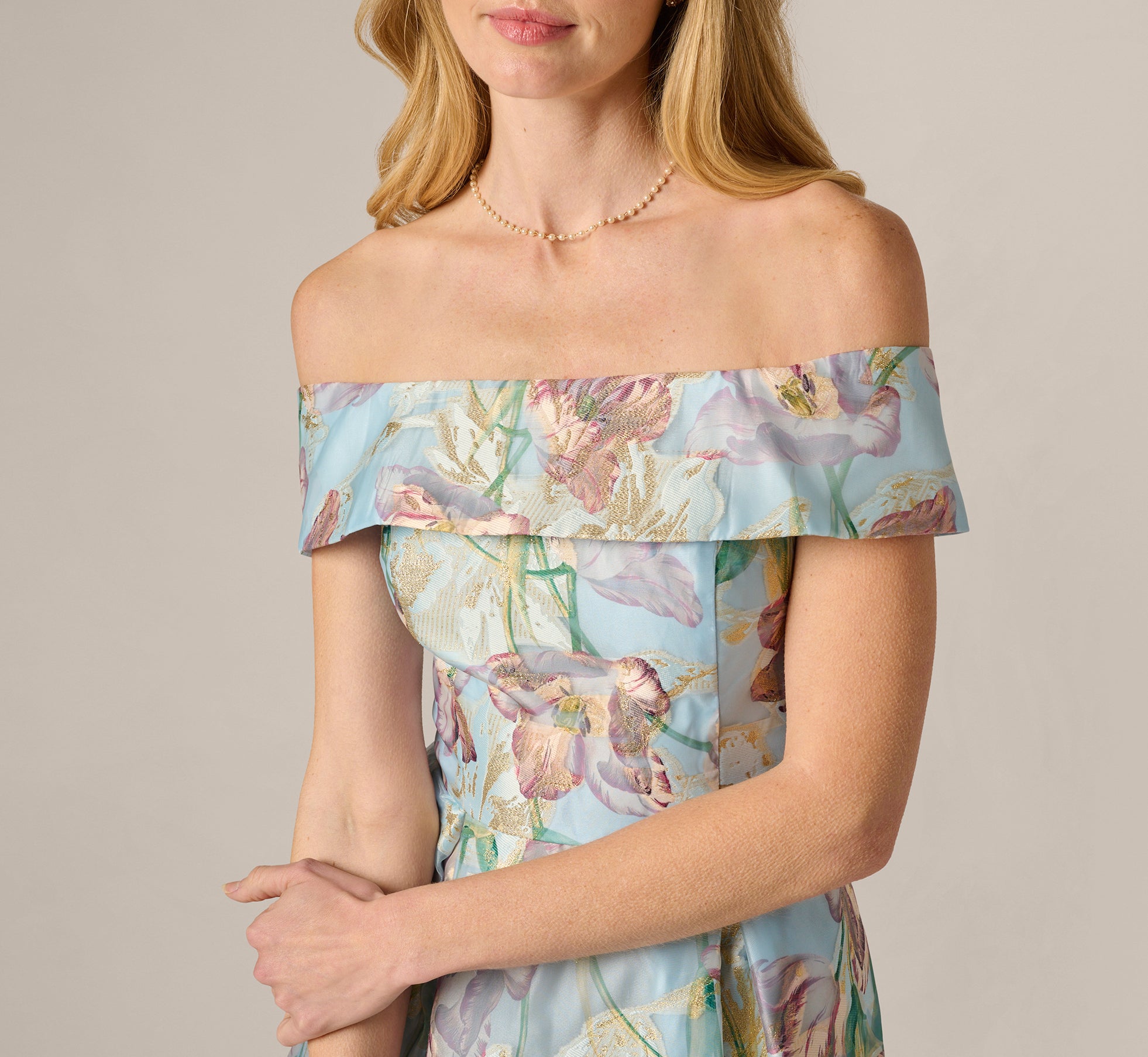 adrianna papell watercolor floral midi dress Multi Colored Off Shoulder Watercolor Floral Jacquard Ankle Dress