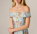 Off Shoulder Watercolor Floral Jacquard Ankle Dress In Blue Multi 3