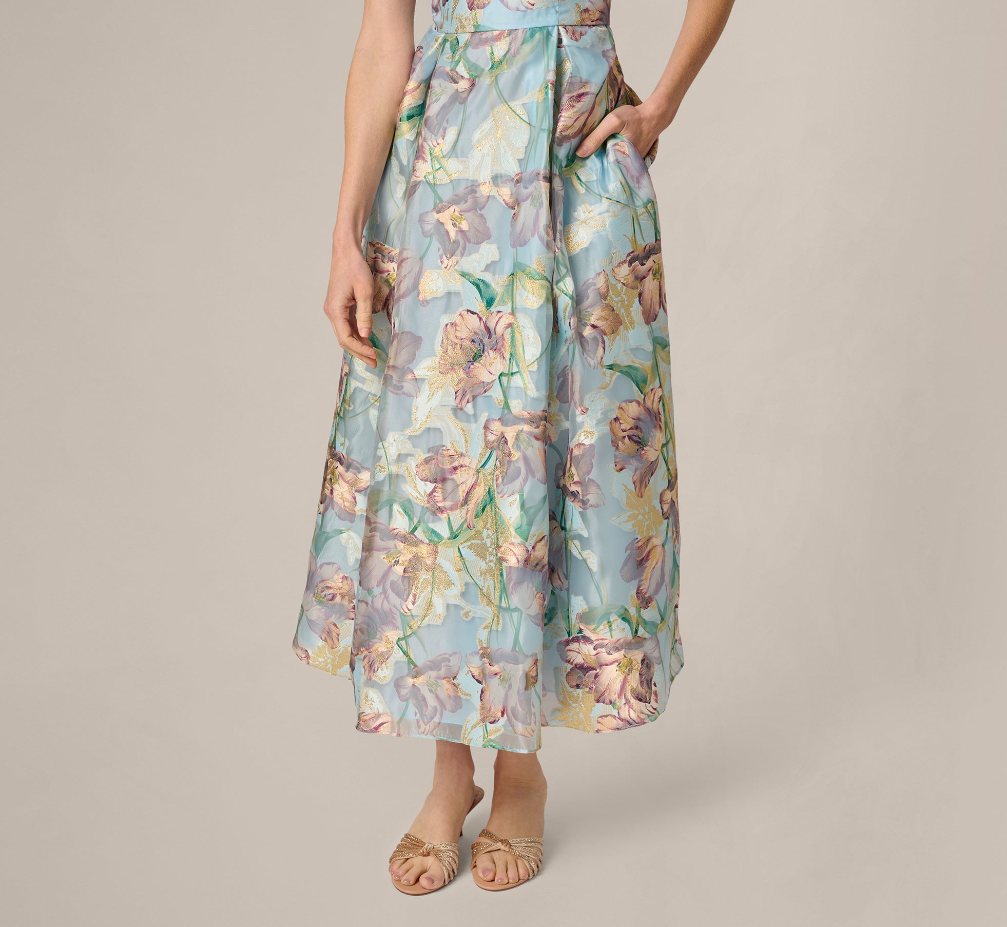adrianna papell watercolor floral midi dress Multi Colored Off Shoulder Watercolor Floral Jacquard Ankle Dress