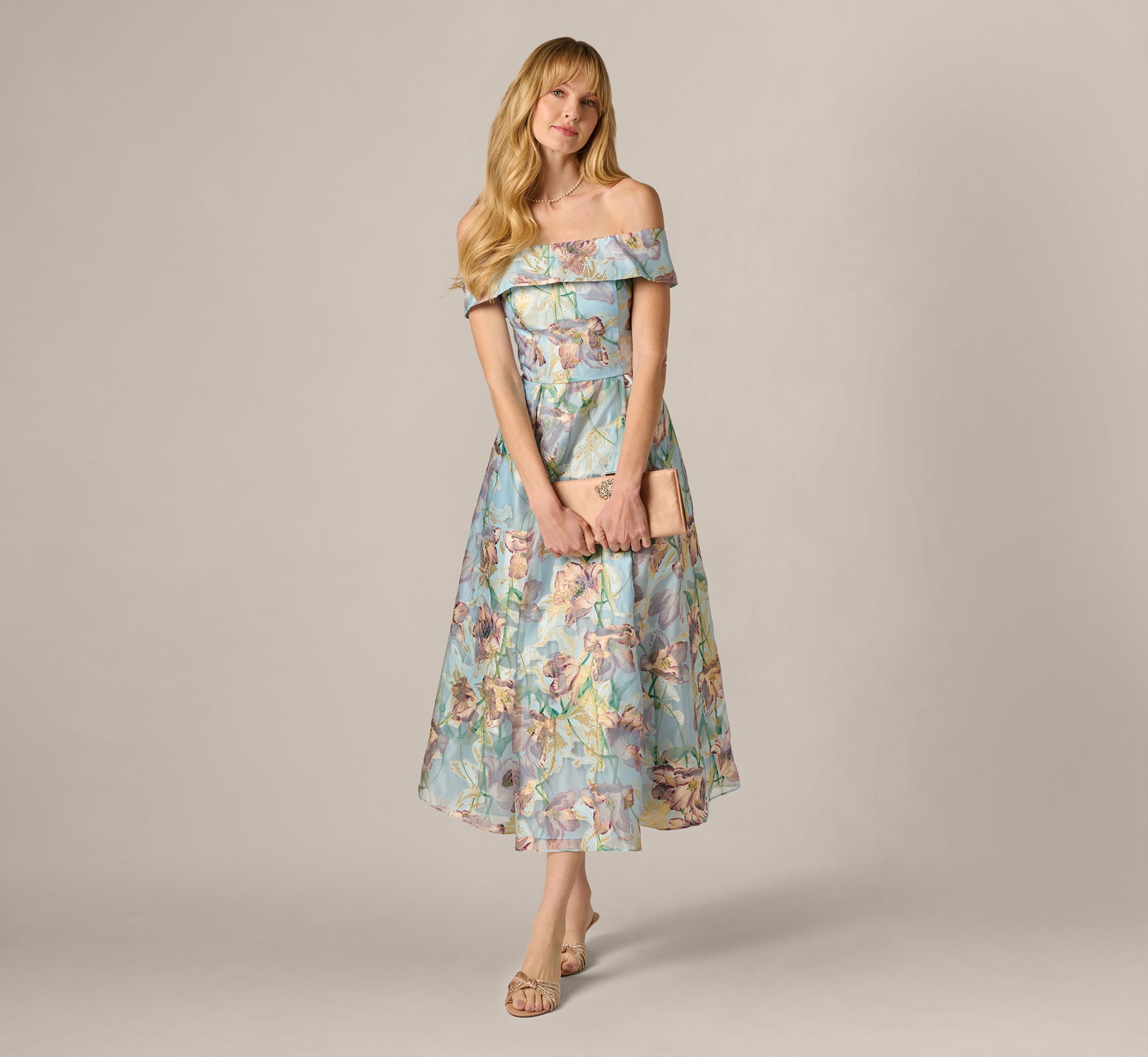 Off Shoulder Watercolor Floral Jacquard Ankle Dress In Blue Multi 1