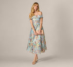 Off Shoulder Watercolor Floral Jacquard Ankle Dress In Blue Multi 1