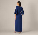 Sculpted Bell Sleeve Column Gown In Navy Sateen 5