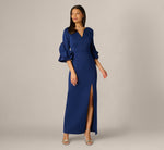 Sculpted Bell Sleeve Column Gown In Navy Sateen 2