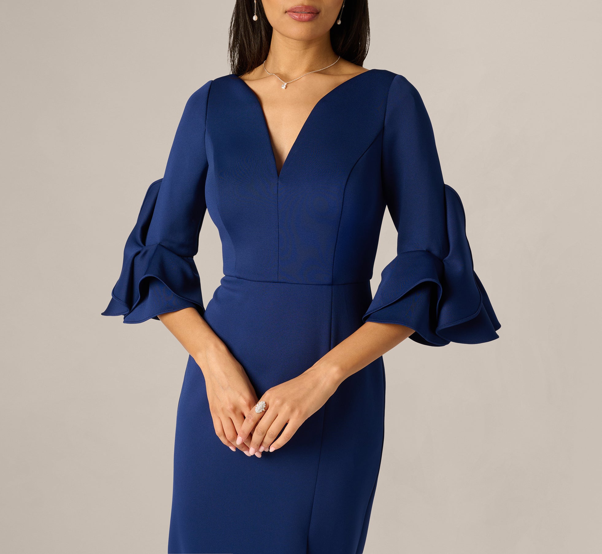Navy Sculpted Bell Sleeve Column Gown